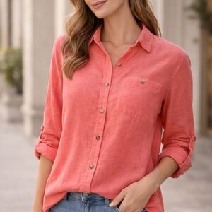 Reitmans Coral Roll Sleeve Button Down Blouse Size M